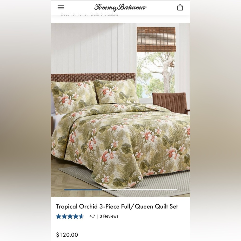 Tommy Bahama Floral Paradise Quilt ONLY - Green and White